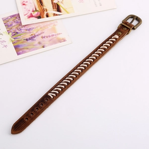 Bracelet vintage en cuir marron tressé avec boucle en bronze réglable et accents de coton