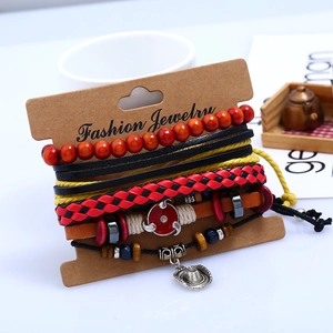 Multilayer bohemian braided leather bracelet set with red wooden beads and anime charms