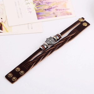 Men's retro multilayer brown leather bracelet with alloy cross shield charm and beads