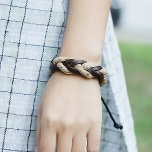 Retro multi-layer woven leather and hemp rope bracelet with adjustable drawstring closure