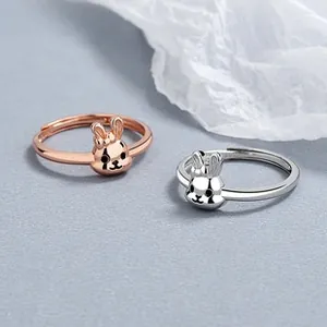 Détails de bagues lapin mignonnes en or rose et argent avec anneaux ouverts réglables