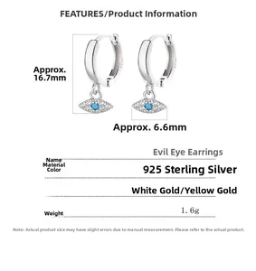 Macro detail of S925 sterling silver evil eye earrings showing precise 16.7mm size dimension
