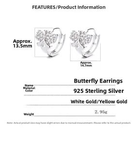 Spécifications de taille détaillées pour boucles d'oreilles papillon en argent sterling 925
