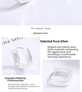 Macro detail showing three angles of the polished 925 sterling silver square hoop earrings