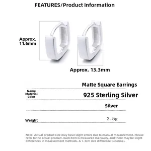 Detailed view of 925 sterling silver square hoop earrings with frosted matte finish texture