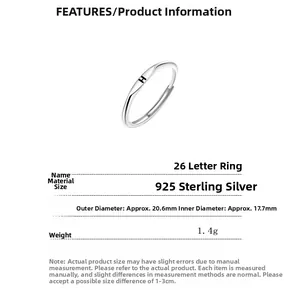Detailed view of silver H initial ring with dimensions and technical specifications