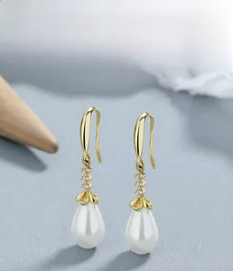 Detail of S925 sterling silver pearl earrings with drop design and sparkling zircon accents