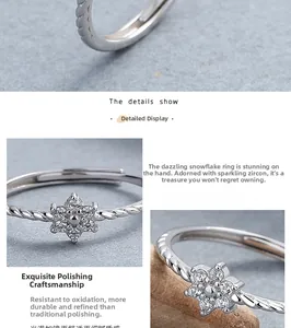 Macro shot of 925 silver snowflake ring with zircons and adjustable band detail
