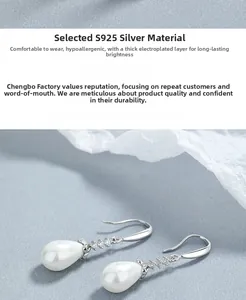 Detail of S925 silver water-drop pearl earrings with small zircon accents for women