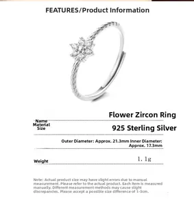 Detailed size chart for 925 silver flower ring with 17.3mm inner diameter and 1.1g weight