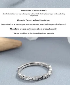 Detailed close-up of 925 sterling silver chain ring with lucky engraving and S925 hallmark