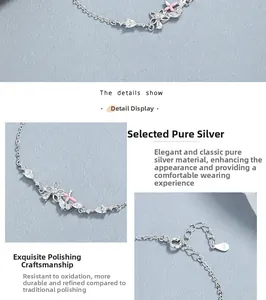 Vues détaillées d'un bracelet en argent 925 avec fleurs en émail rose et zircons