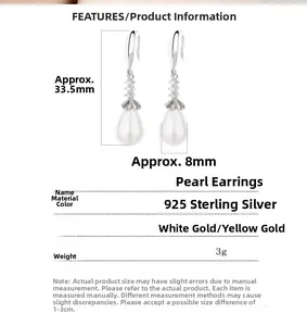 Detailed specs of 925 sterling silver pearl earrings with dimensions and weight