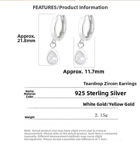 Spécifications de taille pour boucles d'oreilles en argent 925 et zircon en gouttes