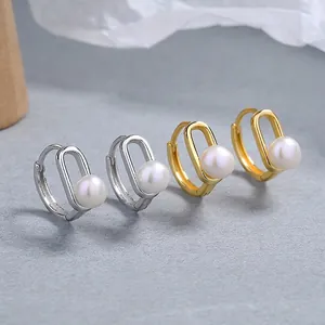 Boucles d'Oreilles Créoles en Argent Sterling 925 et Künstliche Perles pour Femmes Minimaliste Géométrique Bijoux de Tous les Jours