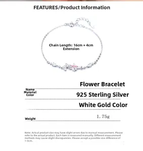 Détails du bracelet fleur en argent 925 montrant les dimensions et spécifications