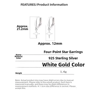 Detailed size specifications for silver star drop earrings showing height and width dimensions