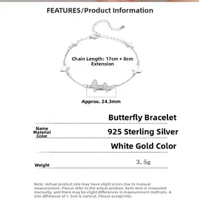 Détail macro du bracelet papillon en argent sterling 925 avec chaîne d'extension de 8 cm