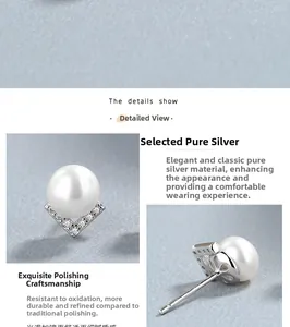 Detailed view of S925 sterling silver pearl stud earrings with V-shape diamond setting