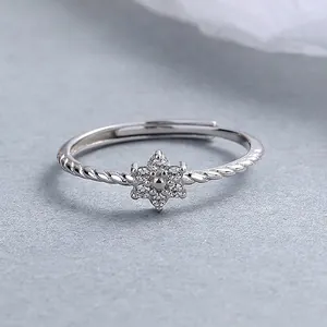 925 Sterling Silver Flower Snowflake Zirconia Ring Elegant Open Adjustable Rope Texture Band Ring Jewelry For Women Gift