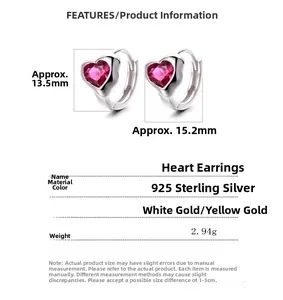 Detailed size specifications for 925 sterling silver heart earrings with red zircons