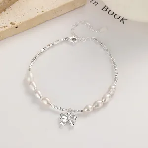 Elegant S925 Sterling Silver Bow Knot Artificial Pearl Bracelet For Women Irregular Silver Beads Adjustable Link Chain Fashion Jewelry