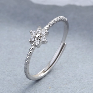 Adjustable 925 sterling silver ring with snowflake zircon flower and twisted rope band