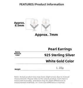 Detailed size specifications of V-shaped 925 sterling silver pearl stud earrings with stones