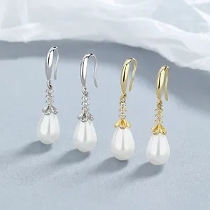 Waterdrop Artificial Pearl Dangle Earrings With 925 Sterling Silver Earring Post Zircon Accent Elegant Commuter Jewelry For Women