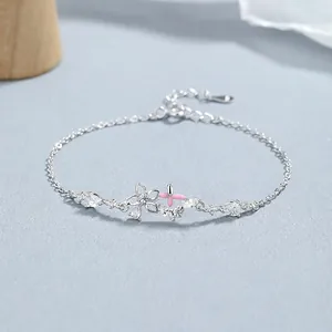 Bracelet Fleur en Argent Sterling 925 pour Femme Papillon en Émail Rose Doux Floral Strass Ajustable Bijoux de Mode Cadeau