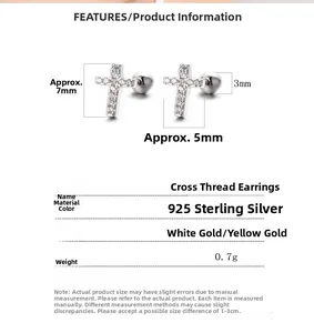 Spécifications du clou d'oreille croix en argent 925 avec incrustation de zircon