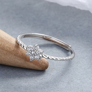 925 silver flower zircon ring with twisted rope band and adjustable open design