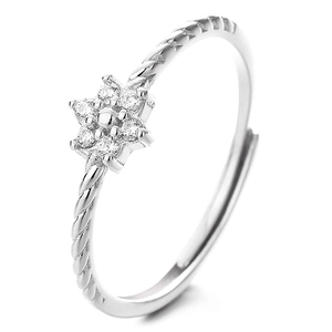 Adjustable 925 sterling silver ring with flower zircon design and rope texture band