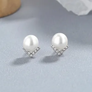 925 Sterling Silver Artificial Pearl Stud Earrings V Shape Zirconia Platinum Plated Minimalist Everyday Jewelry For Women Commuter Style
