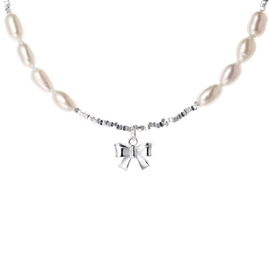 Elegant 925 sterling silver bow pendant necklace with white freshwater pearls for women