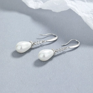 925 silver hook earrings with white teardrop pearls and sparkling zircon accents