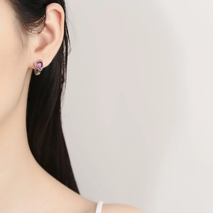 Elegant 925 sterling silver heart hoop earrings with rose pink zircon gemstone