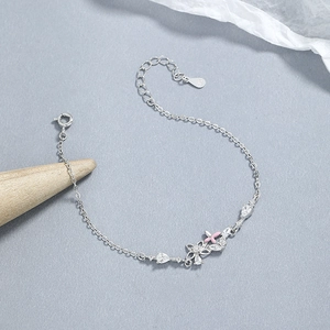 Bracelet fleurs en argent 925 avec papillon rose et zircons brillants pour femme