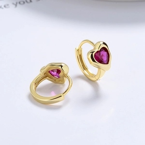 925 silver heart hoop earrings with rose red crystal stones in a golden finish