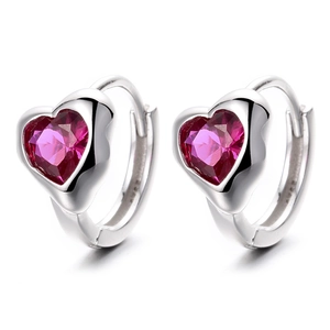 Elegant 925 silver hoop earrings featuring a vibrant heart-shaped rose red gemstone