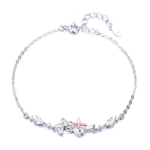 Bracelet en argent 925 avec fleurs, papillons, émail rose et zircons blancs