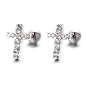 Boucles d'oreilles croix en argent sterling 925 avec zircone et fermoir à vis