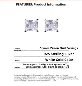 Tableau des tailles pour clous d'oreilles carrés en argent 925 de 3mm à 6mm
