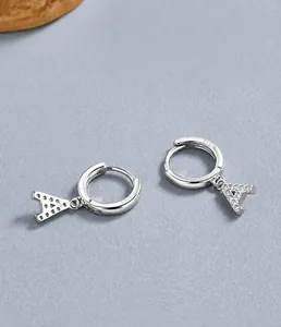 Close-up of S925 sterling silver hoop earring with A-letter pendant and white zircon stones