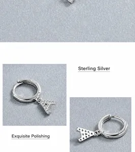 S925 sterling silver hoop earrings with diamond-encrusted A letter pendant details