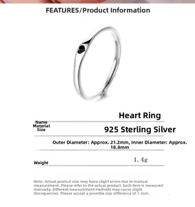 Dettagli dell'anello a cuore in argento 925 con dimensioni e peso di 1,4g