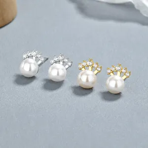 Elegante 925 Sterling Silber Perlenohrstecker mit Zirkonia-Fächer in Gold und Silber