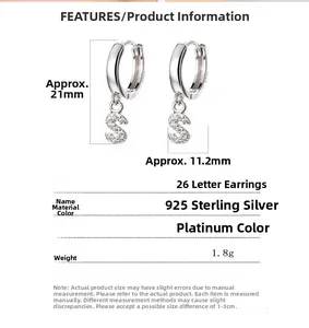 Detailed size chart of S-shaped 925 sterling silver earring with dimensions and weight
