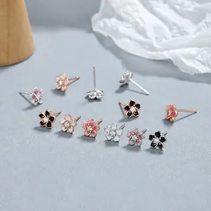 925 silver flower stud earrings with colorful enamel petals and zircon center stone