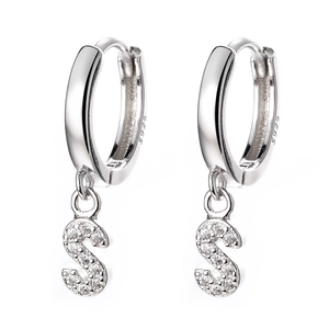 925 silver hoop earrings with shimmering zircon crystal letter S pendant for women